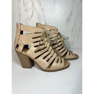 Rampage Heel Sandals Womens Size 6.5  Beige Lace Up Cut Out Peep Toe Leather